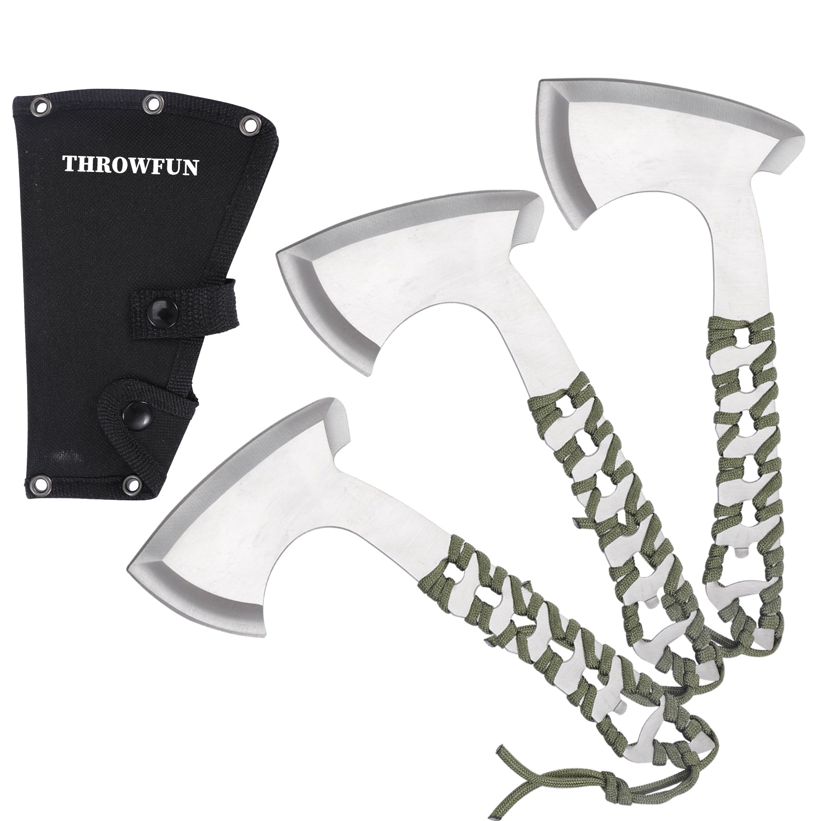 THROWFUN 3 Pack 9Cr17 stainless steel- 10.04''(length) 0.12''(thick) , Axe set  Full-Tang Throwing Set, with Nylon Sheath for Competition and Recreation Silvery-FT112