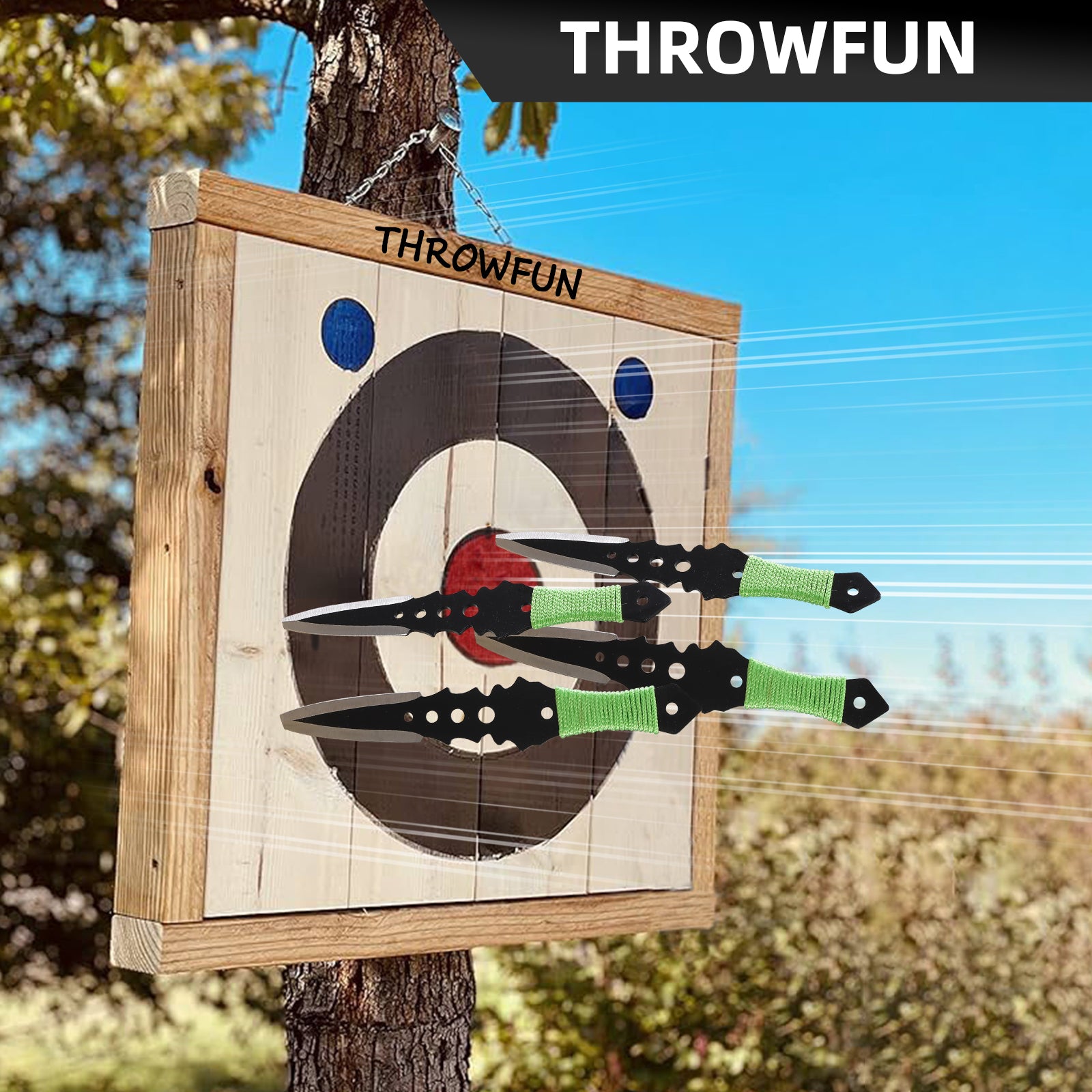 THROWFUN 6/12 Pack 9Cr17 stainless steel- 7.48''(length) 0.12''(thick) , throwing knives set  Full-Tang Throwing Set, with Nylon Sheath for Competition and Recreation Green Darts-FB-YF015