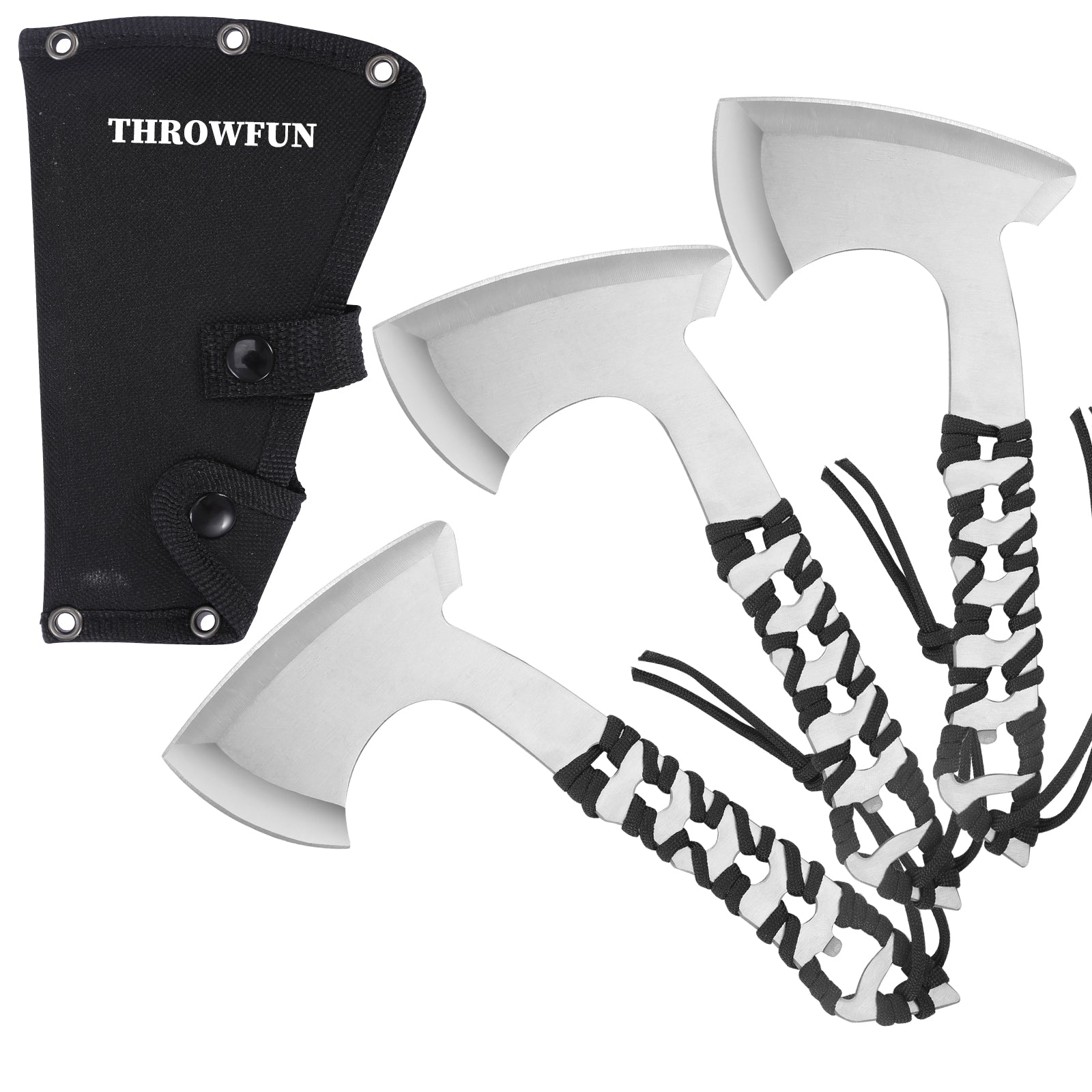 THROWFUN 3 Pack 9Cr17 stainless steel- 10.04''(length) 0.12''(thick) , Axe set  Full-Tang Throwing Set, with Nylon Sheath for Competition and Recreation Silvery-FT112