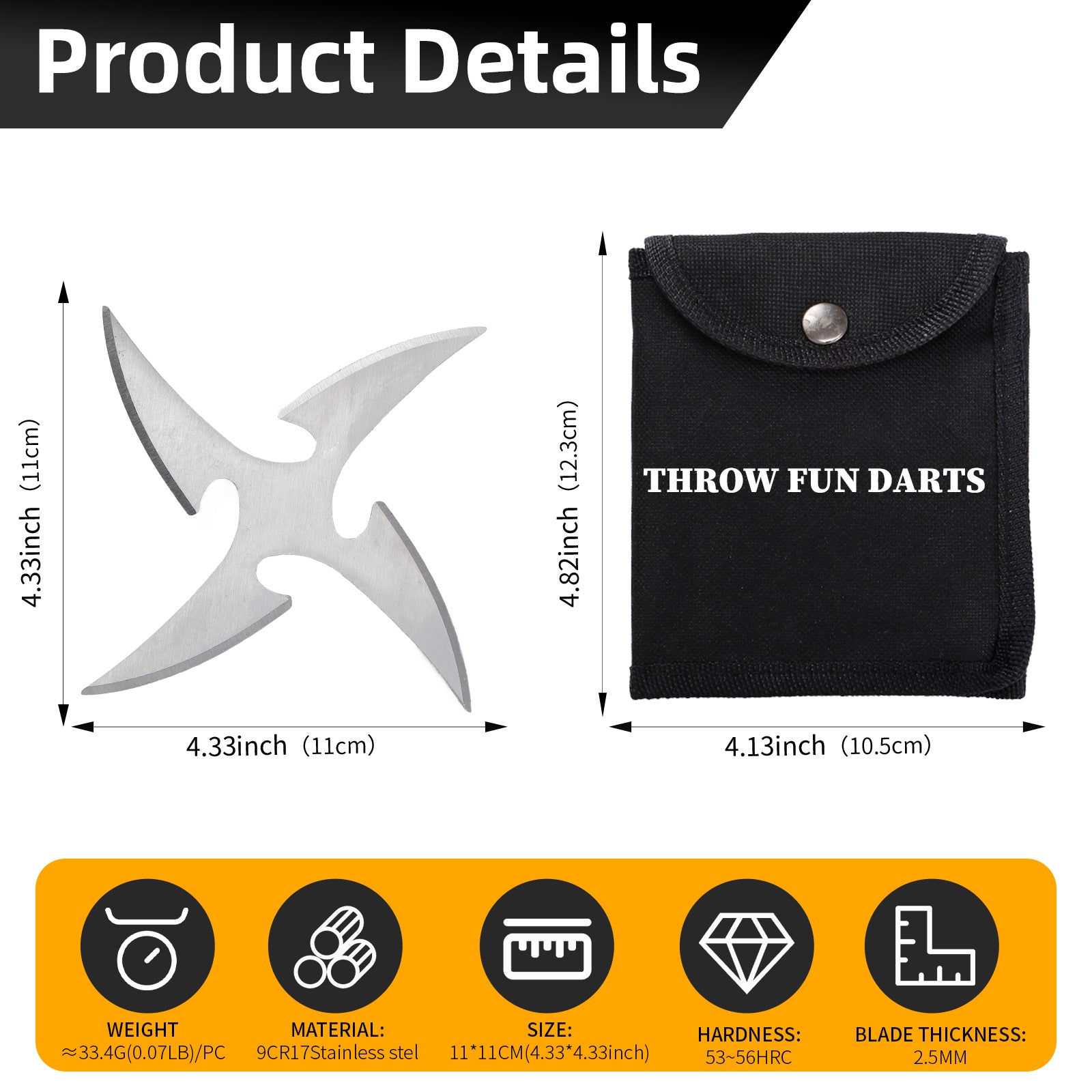 THROWFUN 6/12/21 Pack 9Cr17 stainless steel - 4.33''(length) 0.1''(thick) , throwing knives set  Full-Tang Throwing Set, with Nylon Sheath for Competition and Recreation Silvery Star Darts-FB-YF196
