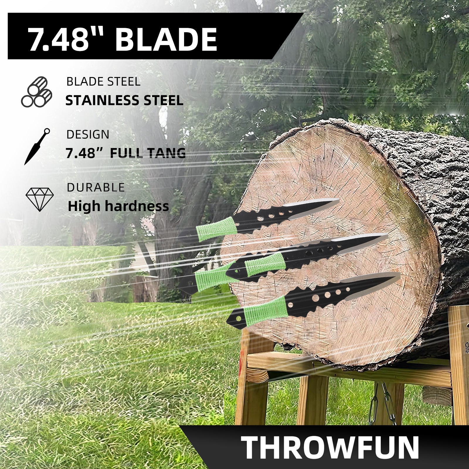 THROWFUN 6/12 Pack 9Cr17 stainless steel- 7.48''(length) 0.12''(thick) , throwing knives set  Full-Tang Throwing Set, with Nylon Sheath for Competition and Recreation Green Darts-FB-YF015