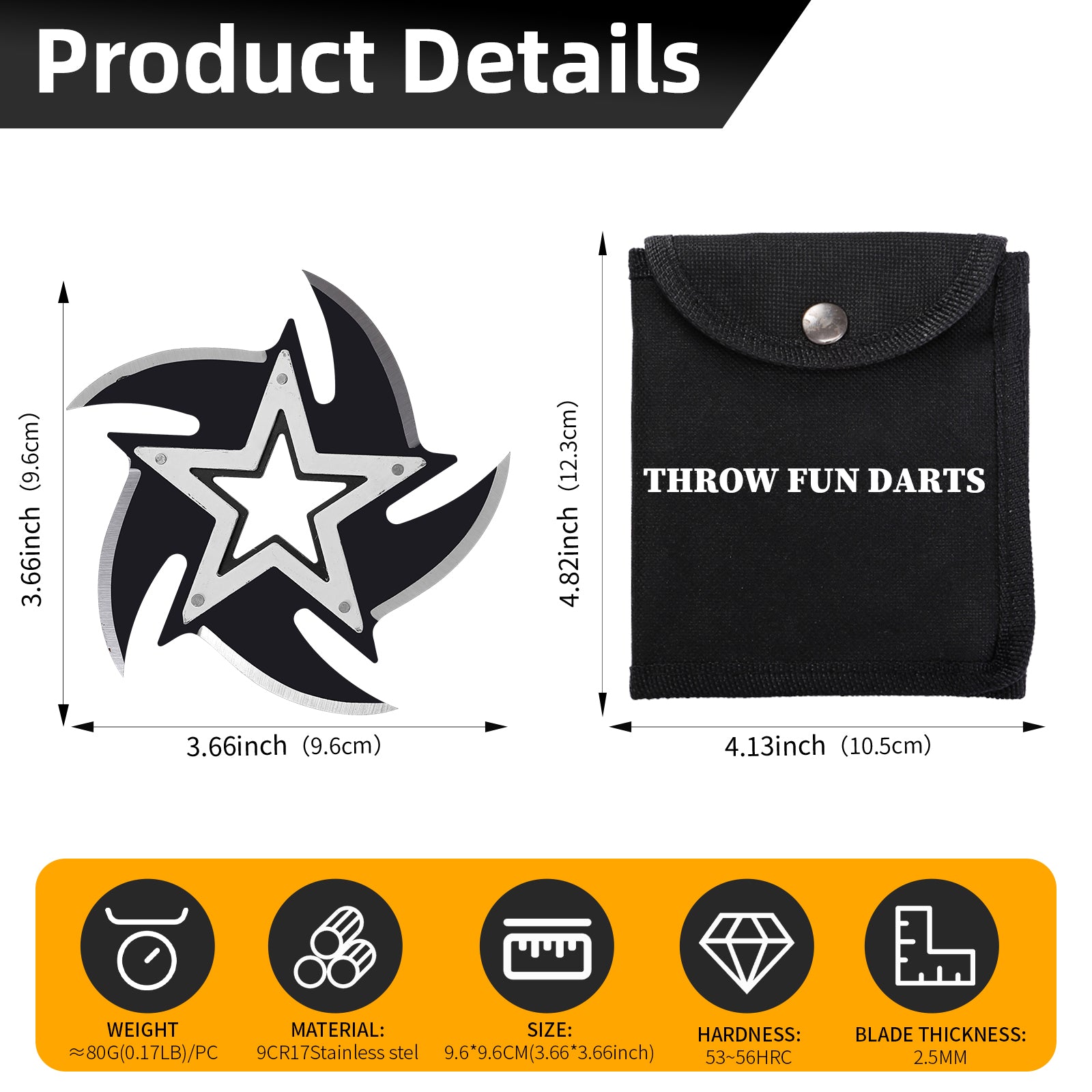 THROWFUN 3/9 Pack 9Cr17 Stainless steel- 3.66''(length) 0.1''(thick) , throwing knives set  Full-Tang Throwing Set, with Nylon Sheath for Competition and Recreation Multicolor Star Darts- FB-YF237