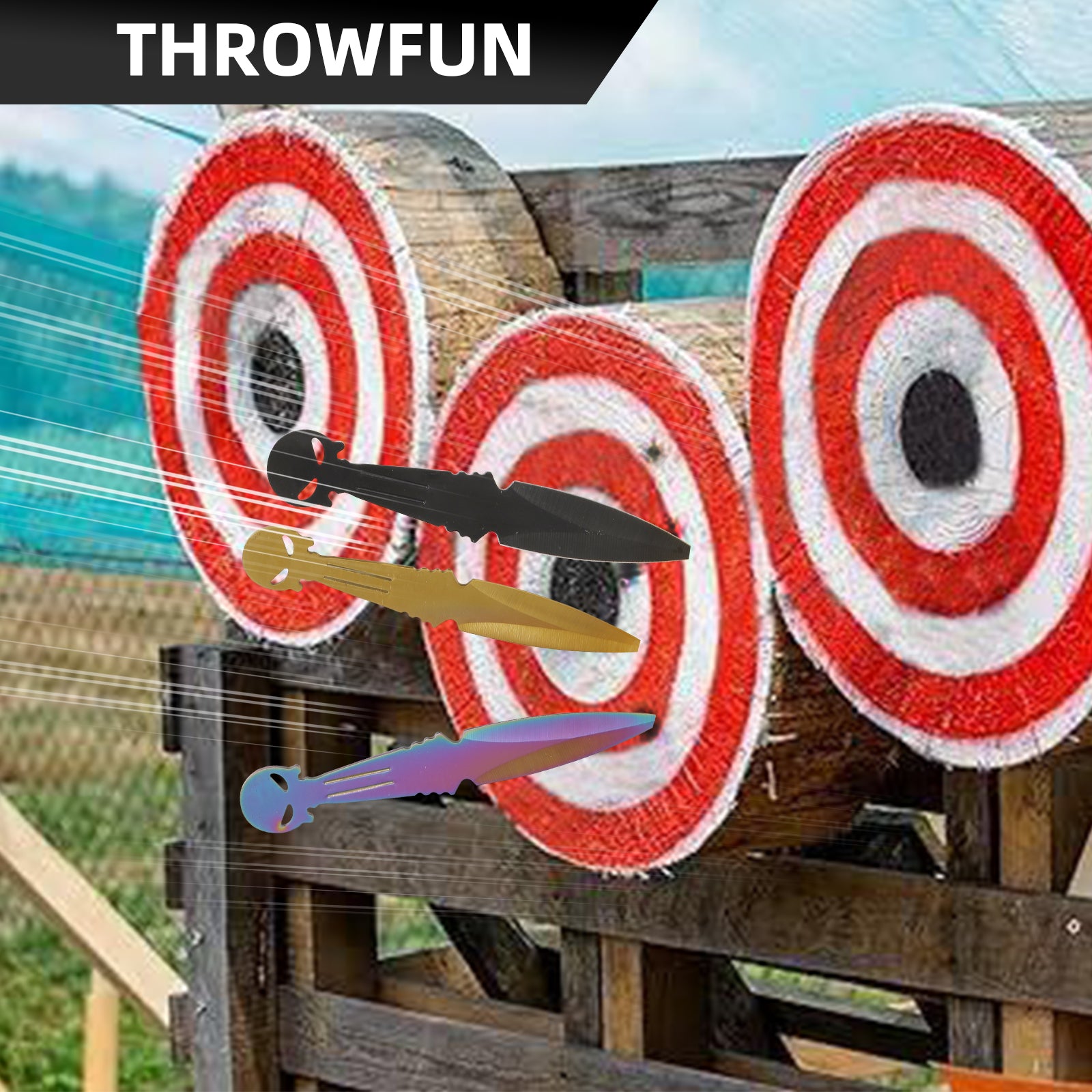THROWFUN 6/12 Pack 9Cr17 stainless steel- 7.48''(length) 0.09''(thick) , throwing knives set  Full-Tang Throwing Set, with Nylon Sheath for Competition and Recreation Multicolor Darts-FB-YF027