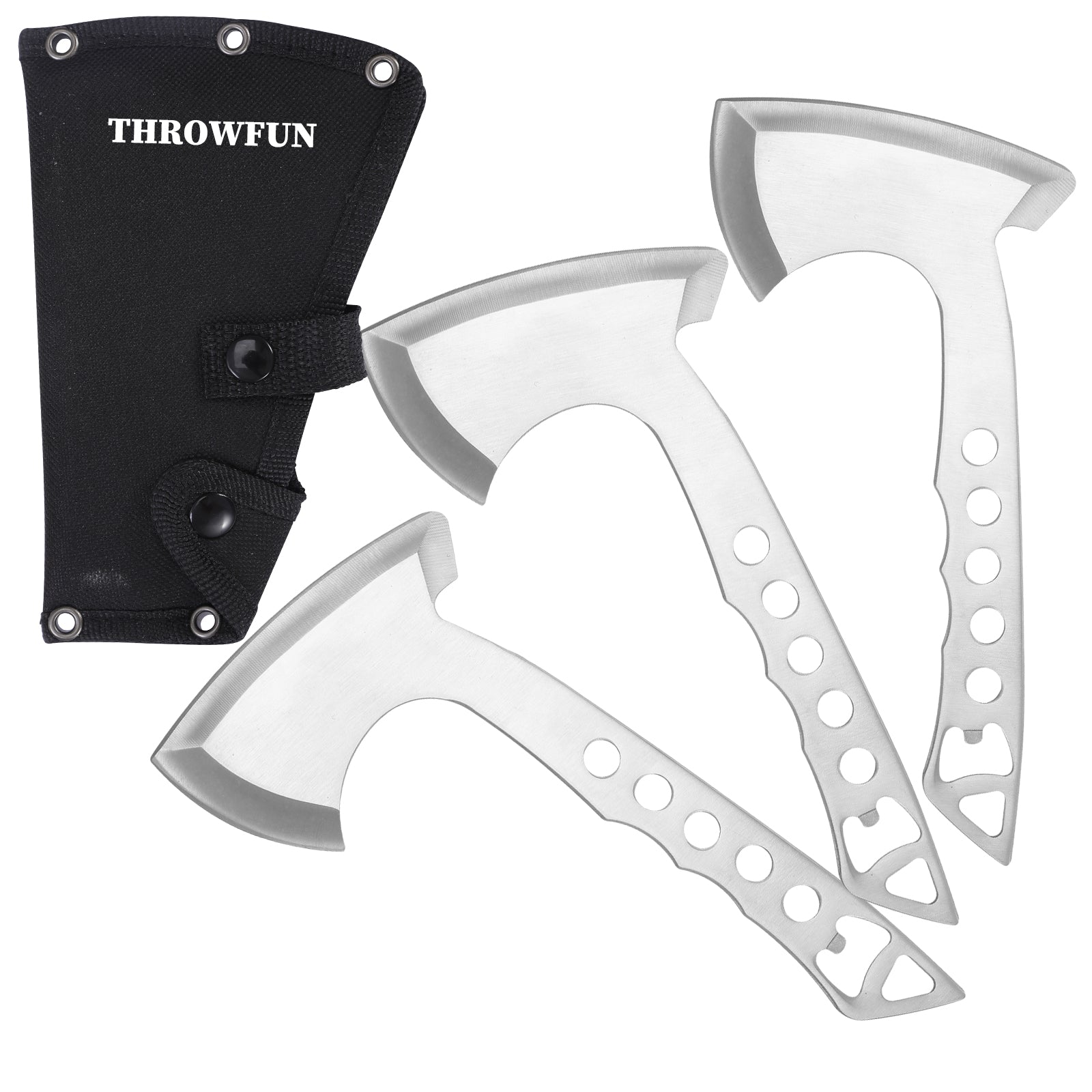 THROWFUN 3 Pack 9Cr17 stainless steel- 10.04''(length) 0.12''(thick) , Axe set  Full-Tang Throwing Set, with Nylon Sheath for Competition and Recreation Silvery-FT112