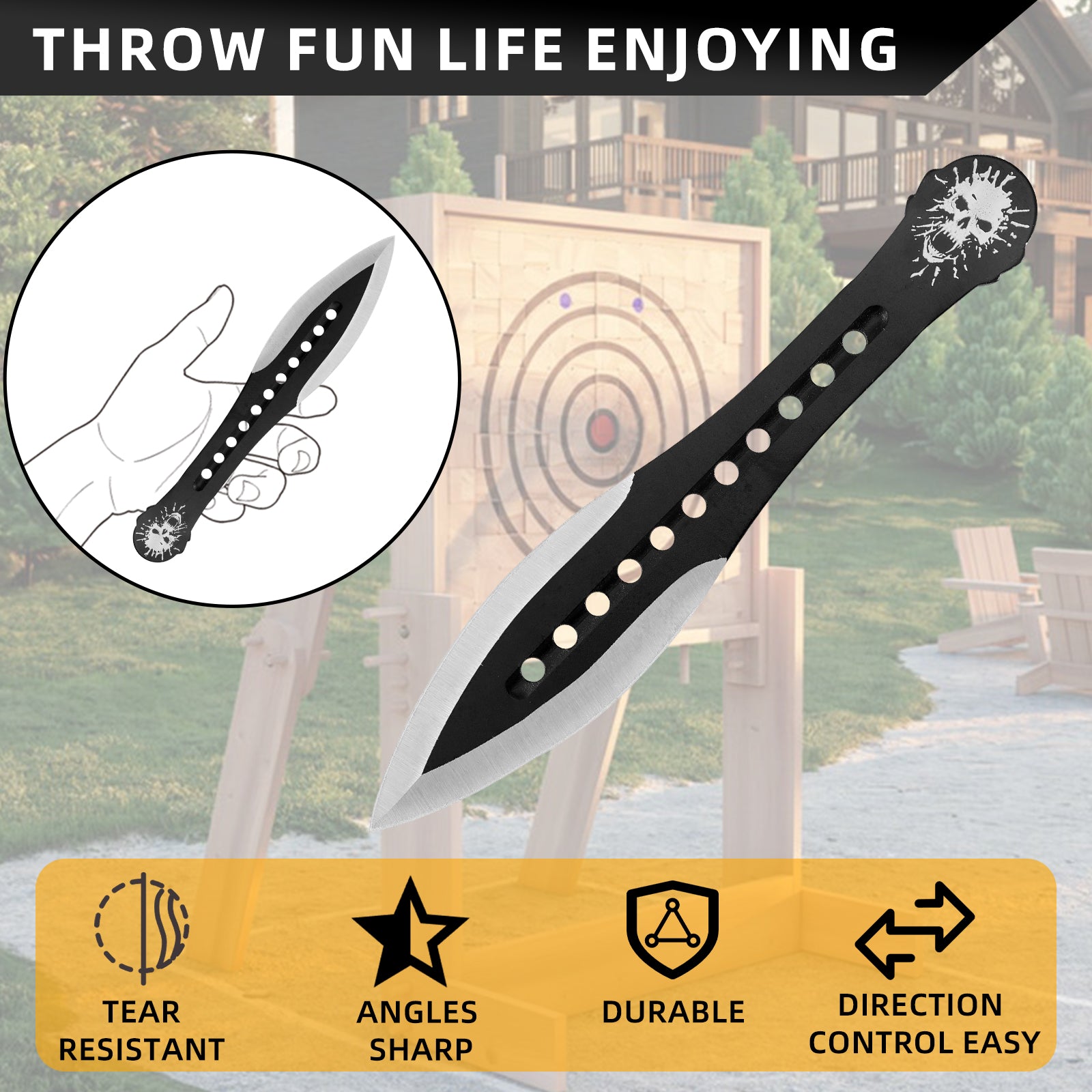 THROWFUN 5/10 Pack 9Cr17 stainless steel- 7.48''(length) 0.09''(thick) , throwing knives set  Full-Tang Throwing Set, with Nylon Sheath for Competition and Recreation Black Darts-FB-YF025