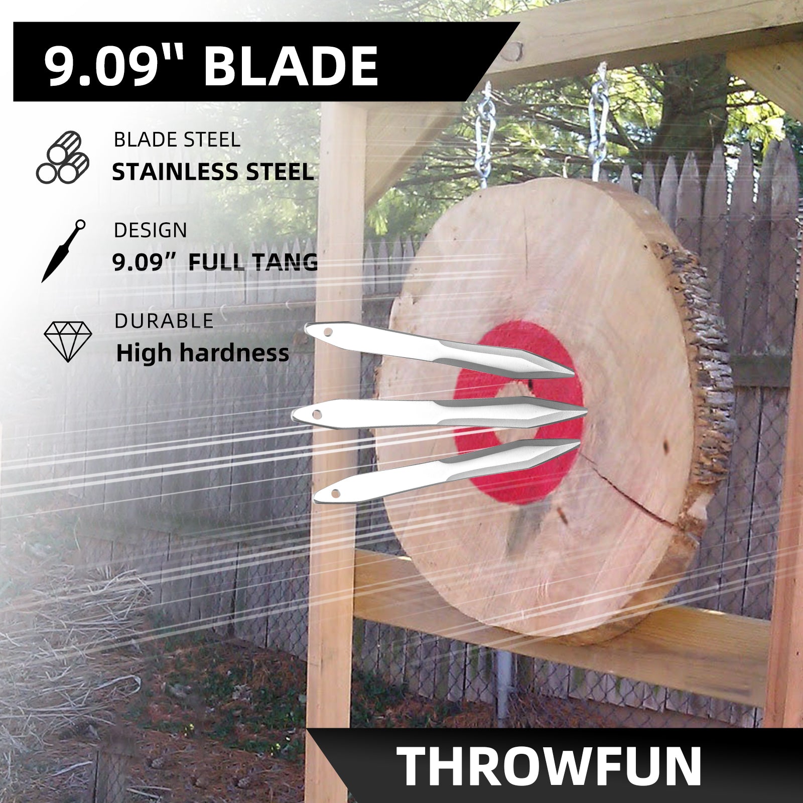 THROWFUN 4/8 Pack 9Cr17 stainless steel- 9.09''(length)  0.19''(thick) , throwing knives set  Full-Tang Throwing Set, with Nylon Sheath for Competition and Recreation Silvery Darts-FB-YF009