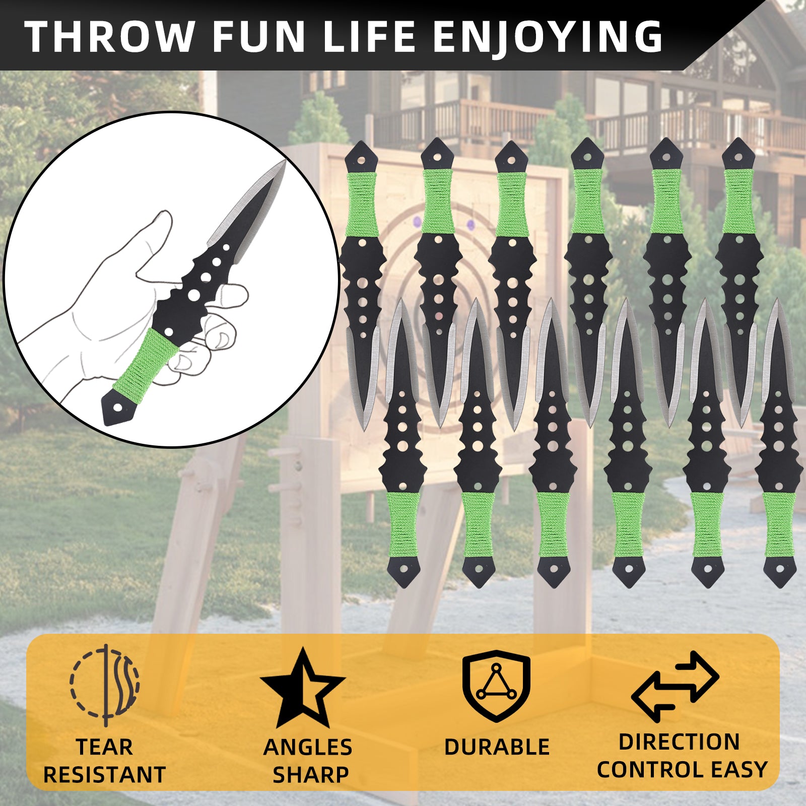 THROWFUN 6/12 Pack 9Cr17 stainless steel- 7.48''(length) 0.12''(thick) , throwing knives set  Full-Tang Throwing Set, with Nylon Sheath for Competition and Recreation Green Darts-FB-YF015