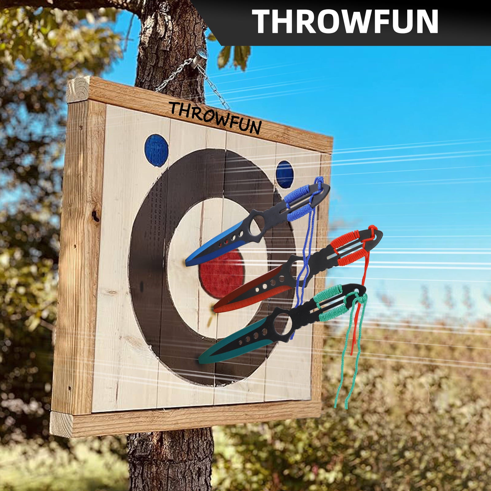 THROWFUN 9/18 Pack 9Cr17 stainless steel- 7.95''(length) 0.1''(thick) , throwing knives set  Full-Tang Throwing Set, with Nylon Sheath for Competition and Recreation Green/Red/Blue Darts-YF020