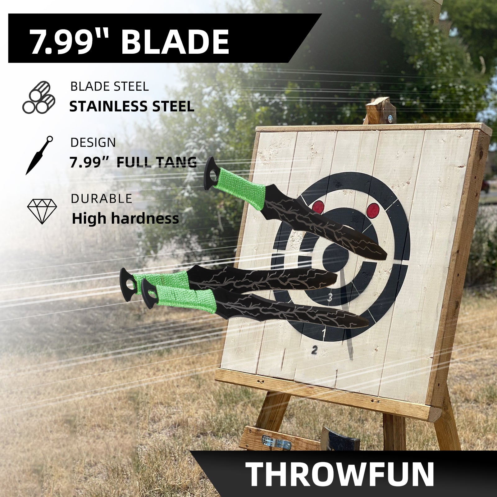 THROWFUN 4/8 Pack 9Cr17 stainless steel- 7.99''(length) 0.12''(thick) , throwing knives set  Full-Tang Throwing Set, with Nylon Sheath for Competition and Recreation Green Darts-FB-YF011