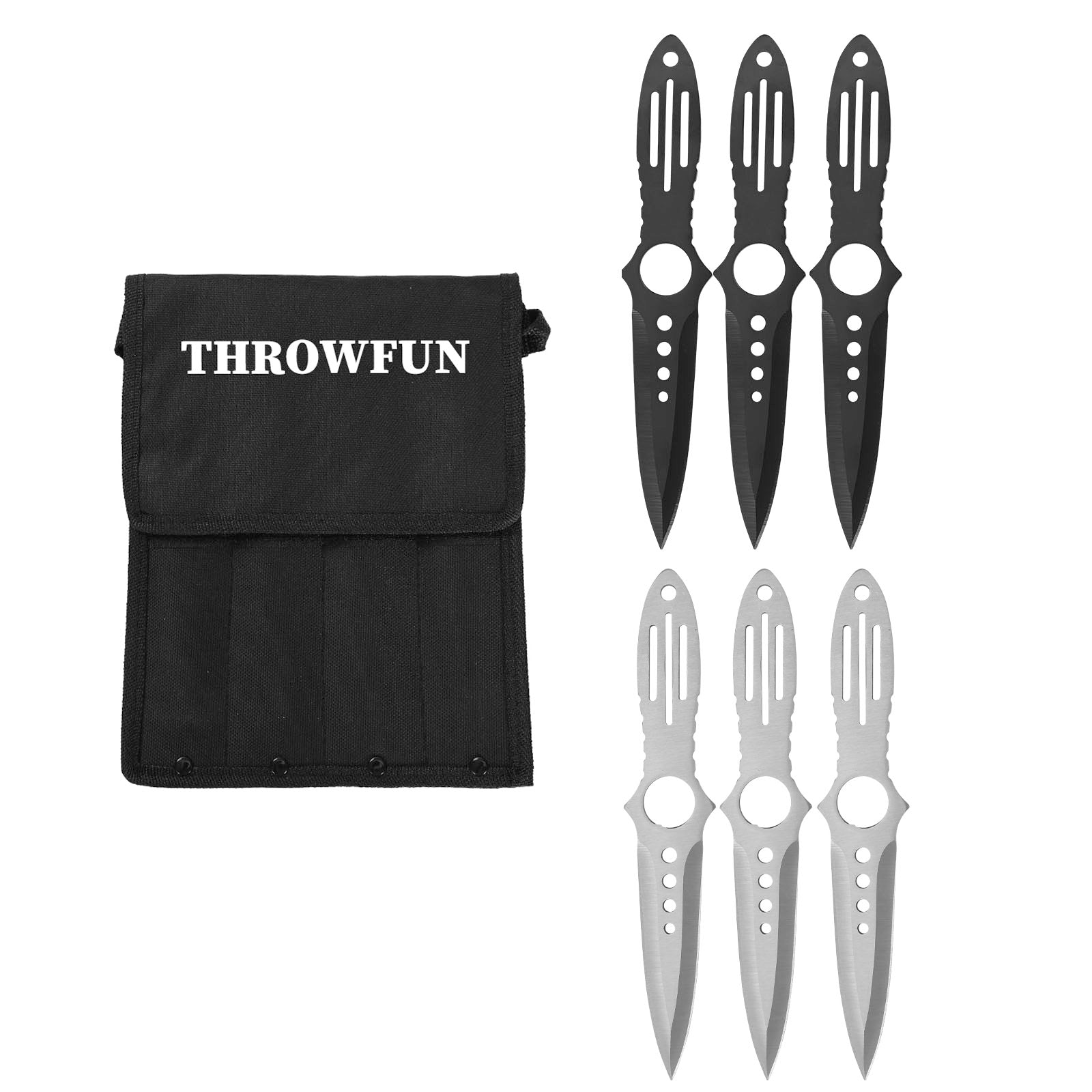 THROWFUN 6/12 Pack 9Cr17 stainless steel- 7.95''(length) 0.11''(thick) , throwing knives set  Full-Tang Throwing Set, with Nylon Sheath for Competition and Recreation Black/Silvery Darts-FB-YF028