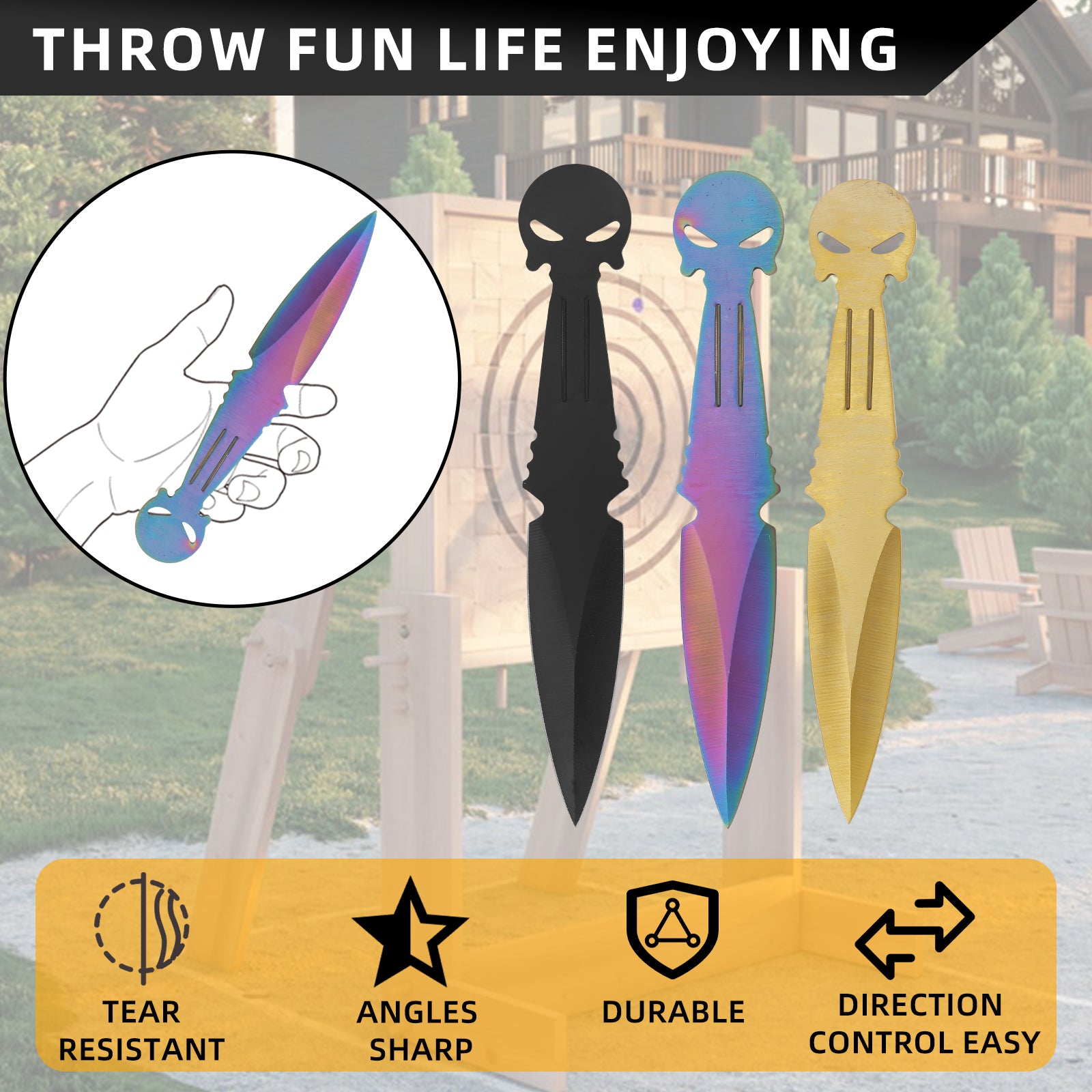 THROWFUN 6/12 Pack 9Cr17 stainless steel- 7.48''(length) 0.09''(thick) , throwing knives set  Full-Tang Throwing Set, with Nylon Sheath for Competition and Recreation Multicolor Darts-FB-YF027