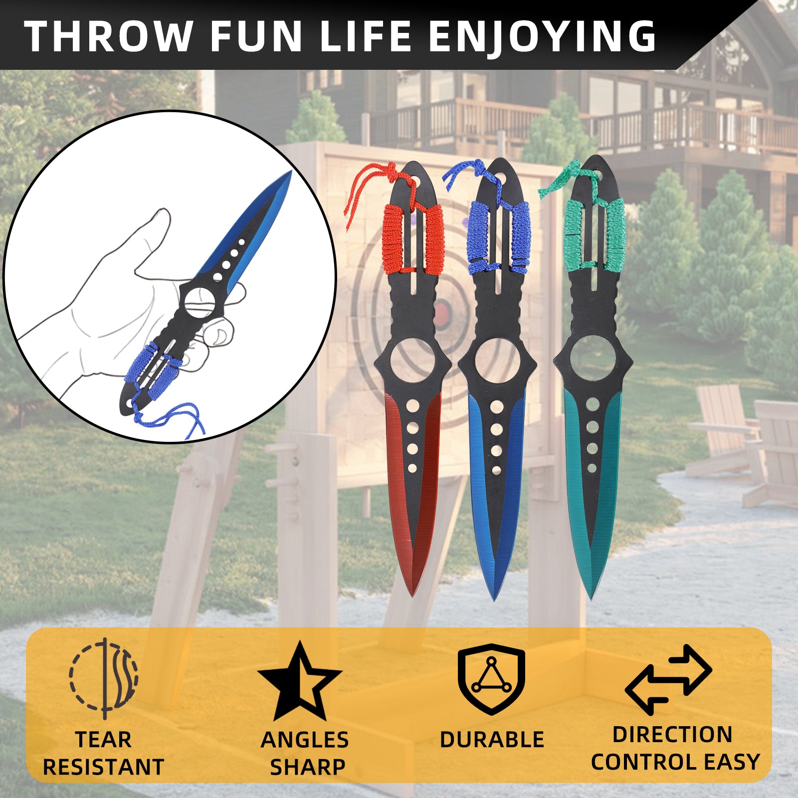 THROWFUN 9/18 Pack 9Cr17 stainless steel- 7.95''(length) 0.1''(thick) , throwing knives set  Full-Tang Throwing Set, with Nylon Sheath for Competition and Recreation Green/Red/Blue Darts-YF020