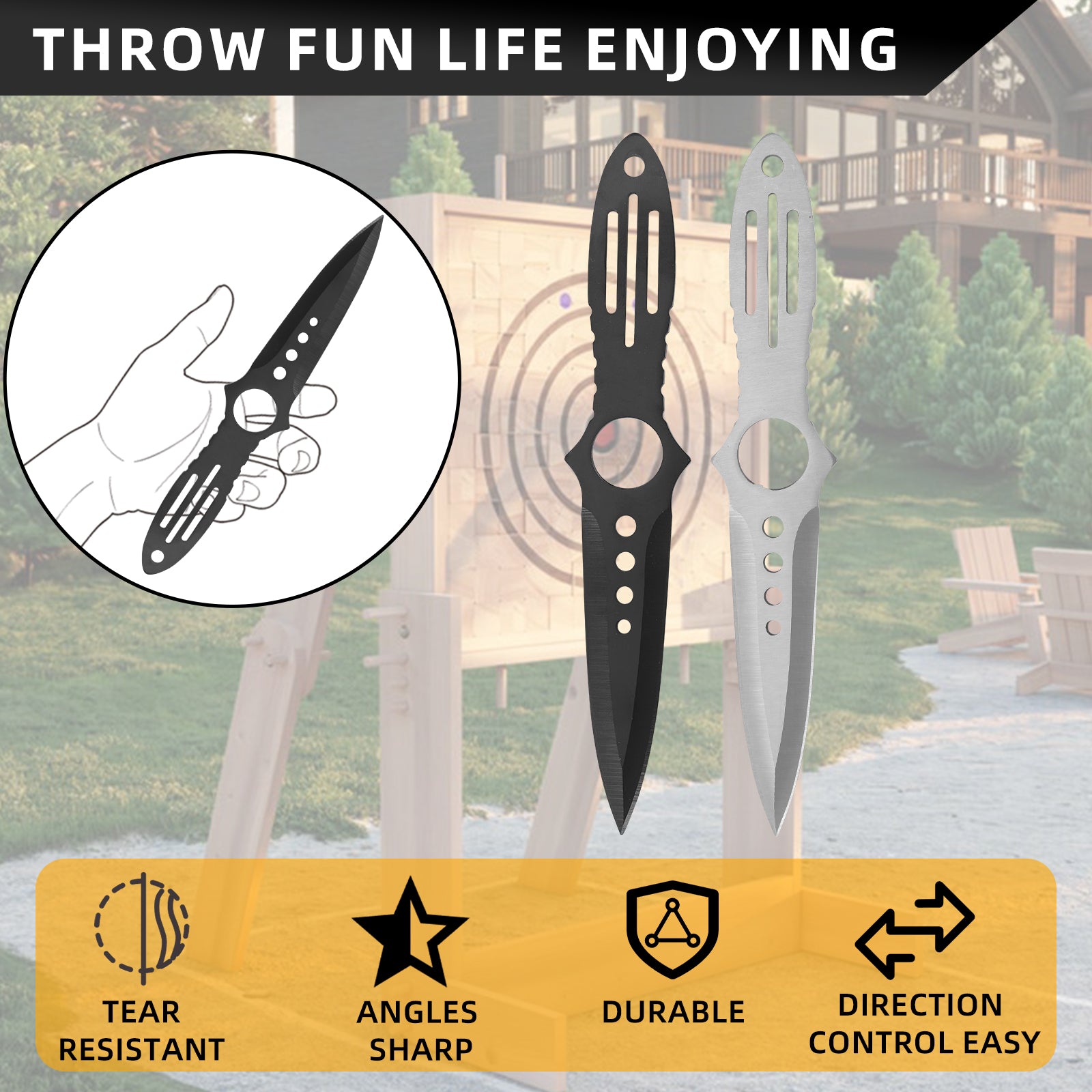 THROWFUN 6/12 Pack 9Cr17 stainless steel- 7.95''(length) 0.11''(thick) , throwing knives set  Full-Tang Throwing Set, with Nylon Sheath for Competition and Recreation Black/Silvery Darts-FB-YF028