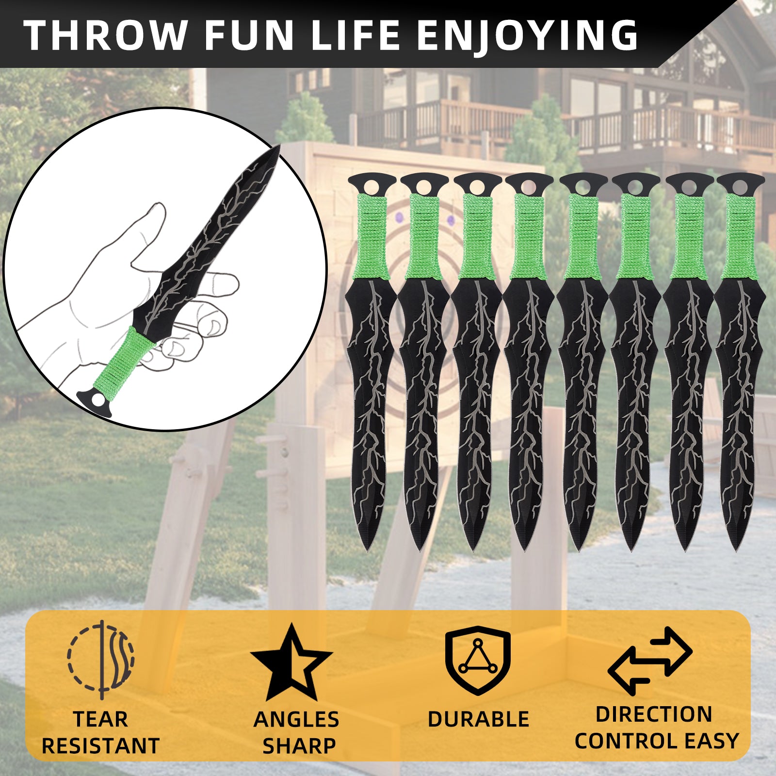 THROWFUN 4/8 Pack 9Cr17 stainless steel- 7.99''(length) 0.12''(thick) , throwing knives set  Full-Tang Throwing Set, with Nylon Sheath for Competition and Recreation Green Darts-FB-YF011