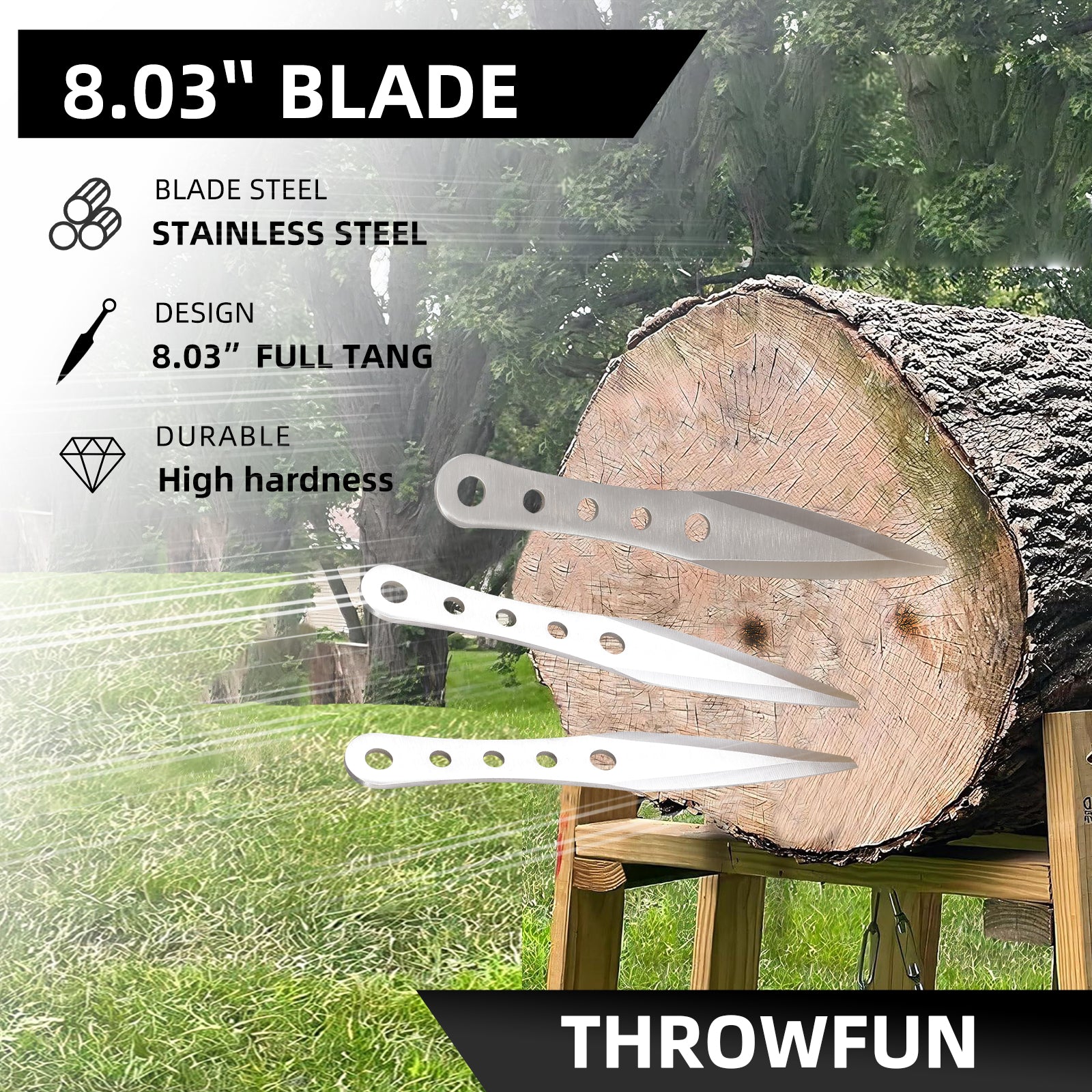 THROWFUN 4/8 Pack 9Cr17 stainless steel- 8.03''(length) 0.12''(thick) , throwing knives set  Full-Tang Throwing Set, with Nylon Sheath for Competition and Recreation Silvery Darts-FB-YF018