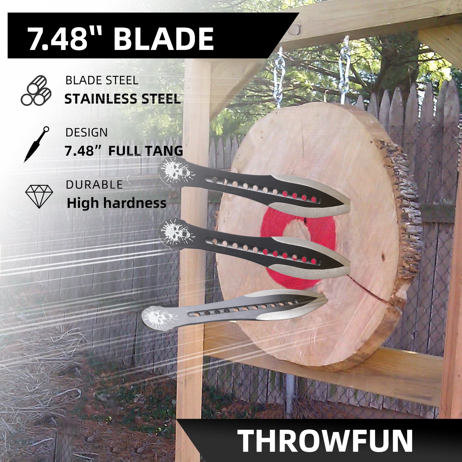 THROWFUN 5/10 Pack 9Cr17 stainless steel- 7.48''(length) 0.09''(thick) , throwing knives set  Full-Tang Throwing Set, with Nylon Sheath for Competition and Recreation Black Darts-FB-YF025