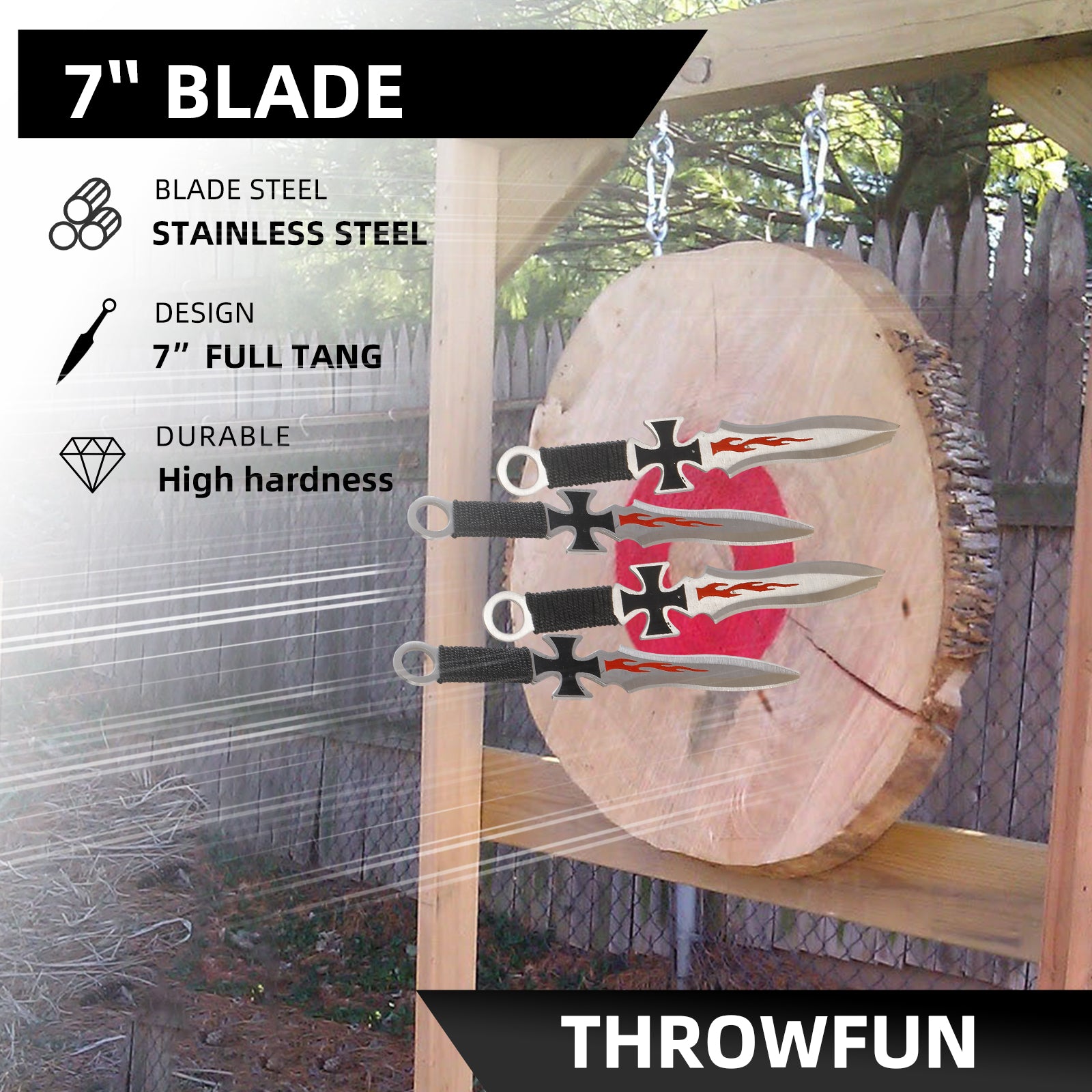 THROWFUN 4/8/12 Pack 9Cr17 stainless steel- 7''(length) 0.09''(thick) , throwing knives set  Full-Tang Throwing Set, with Nylon Sheath for Competition and Recreation Multicolor Darts-YF024