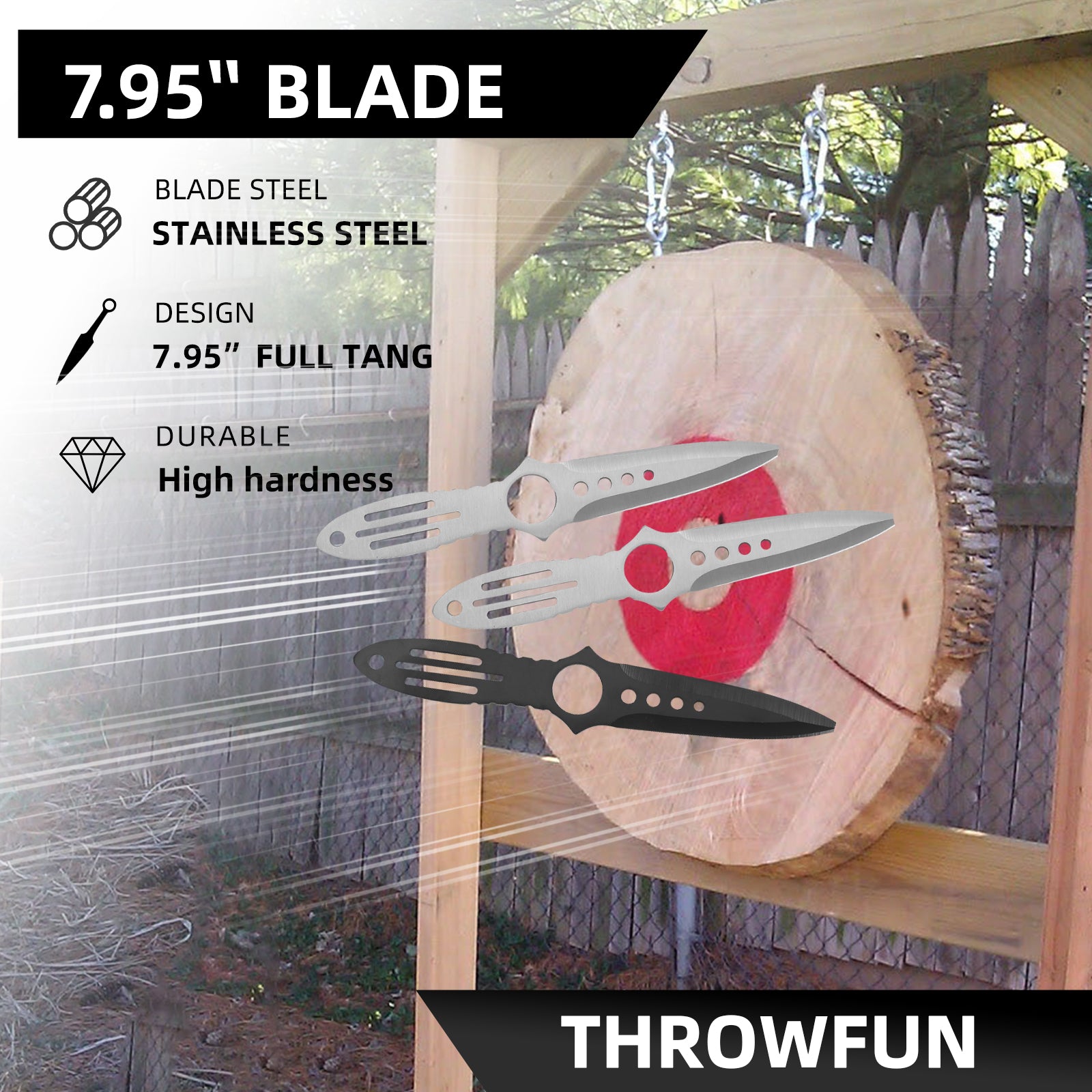 THROWFUN 6/12 Pack 9Cr17 stainless steel- 7.95''(length) 0.11''(thick) , throwing knives set  Full-Tang Throwing Set, with Nylon Sheath for Competition and Recreation Black/Silvery Darts-FB-YF028