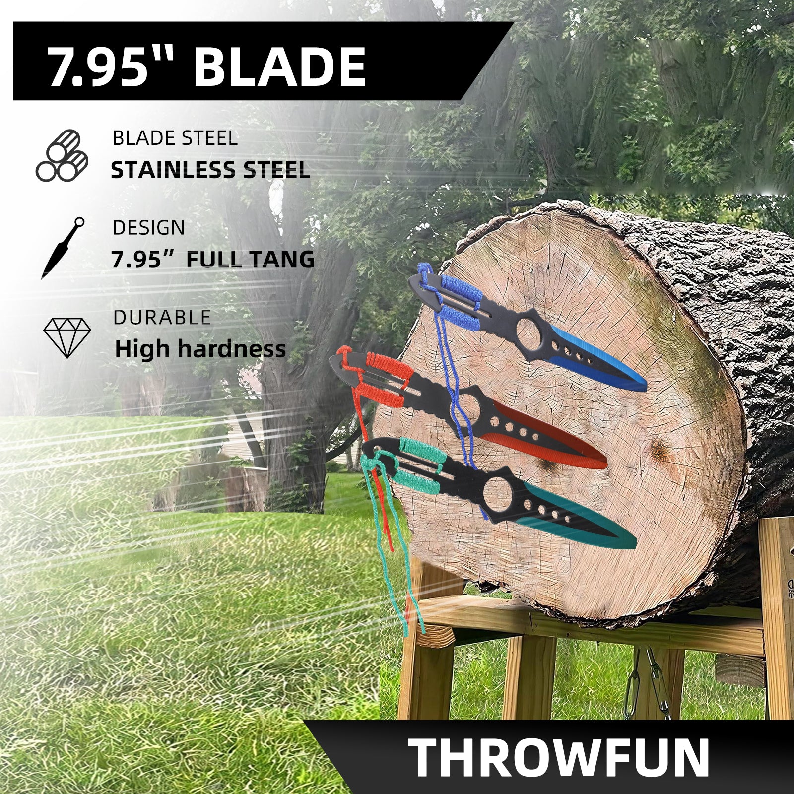 THROWFUN 9/18 Pack 9Cr17 stainless steel- 7.95''(length) 0.1''(thick) , throwing knives set  Full-Tang Throwing Set, with Nylon Sheath for Competition and Recreation Green/Red/Blue Darts-YF020