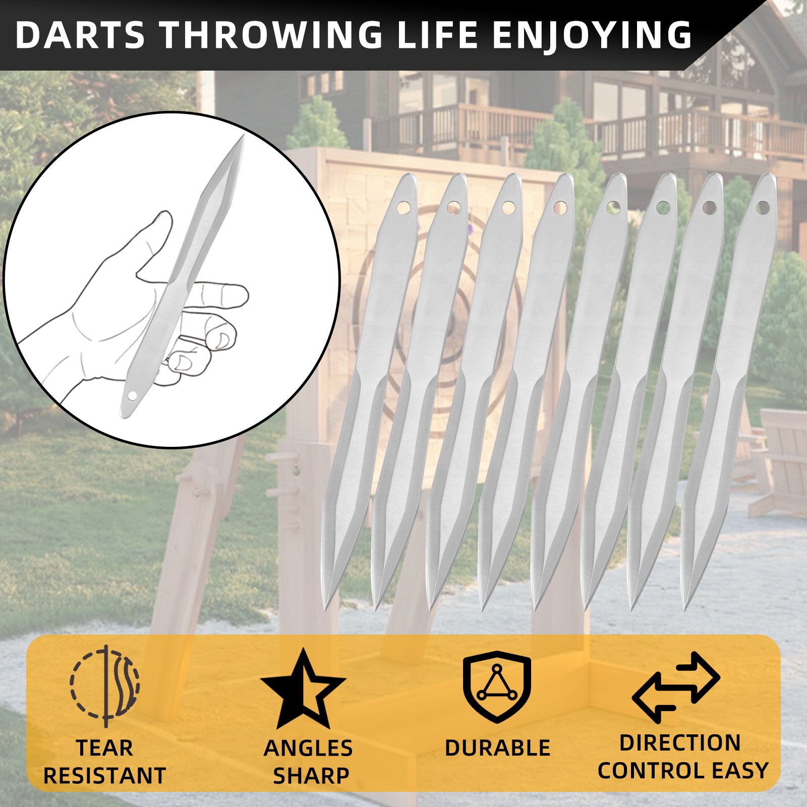 THROWFUN 4/8 Pack 9Cr17 stainless steel- 9.09''(length)  0.19''(thick) , throwing knives set  Full-Tang Throwing Set, with Nylon Sheath for Competition and Recreation Silvery Darts-FB-YF009