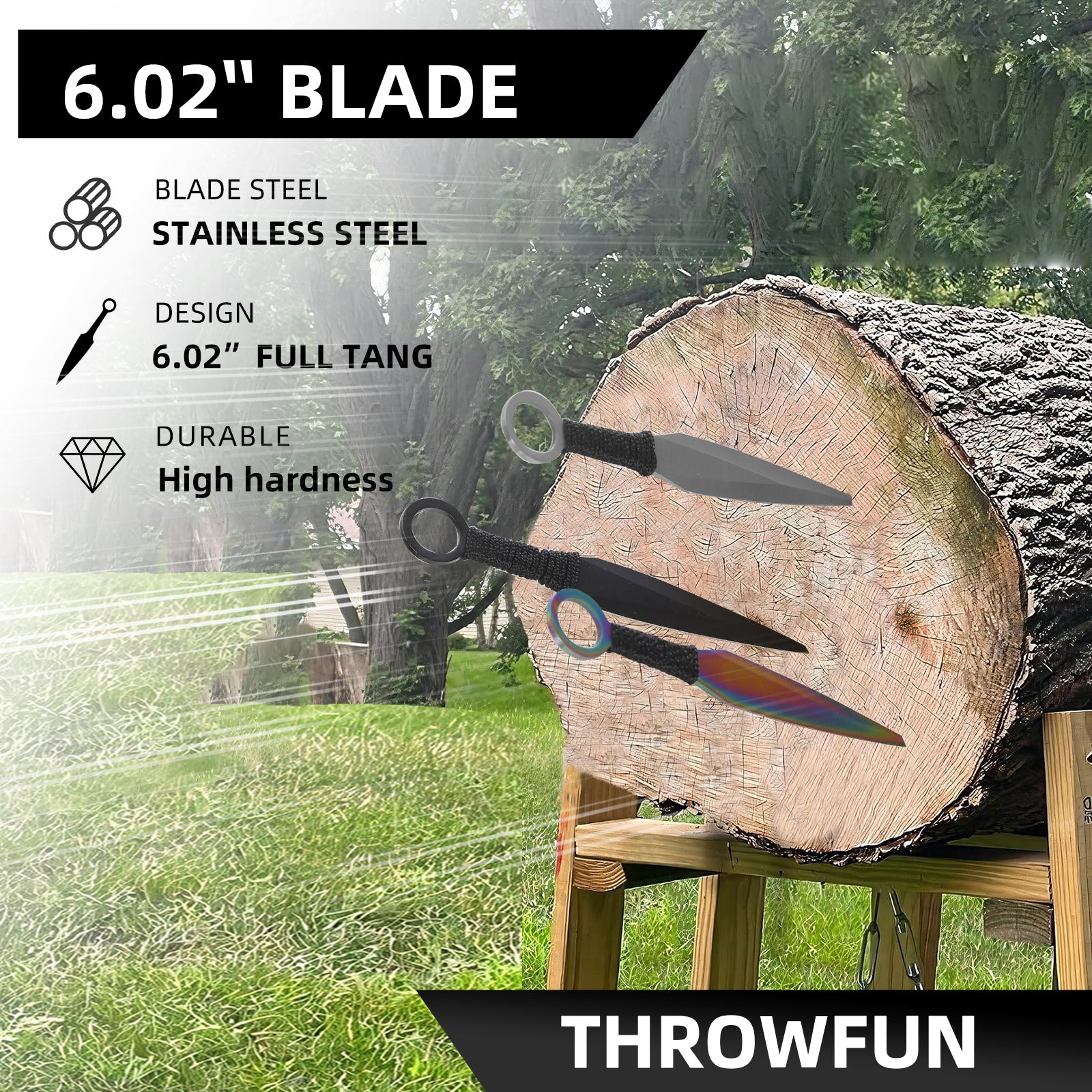 THROWFUN 6/12/24 Pack 9Cr17 stainless steel-6.02''(length) 0.09''(thick) , throwing knives set  Full-Tang Throwing Set, with Nylon Sheath for Competition and Recreation Multicolor Darts-FB-YF030