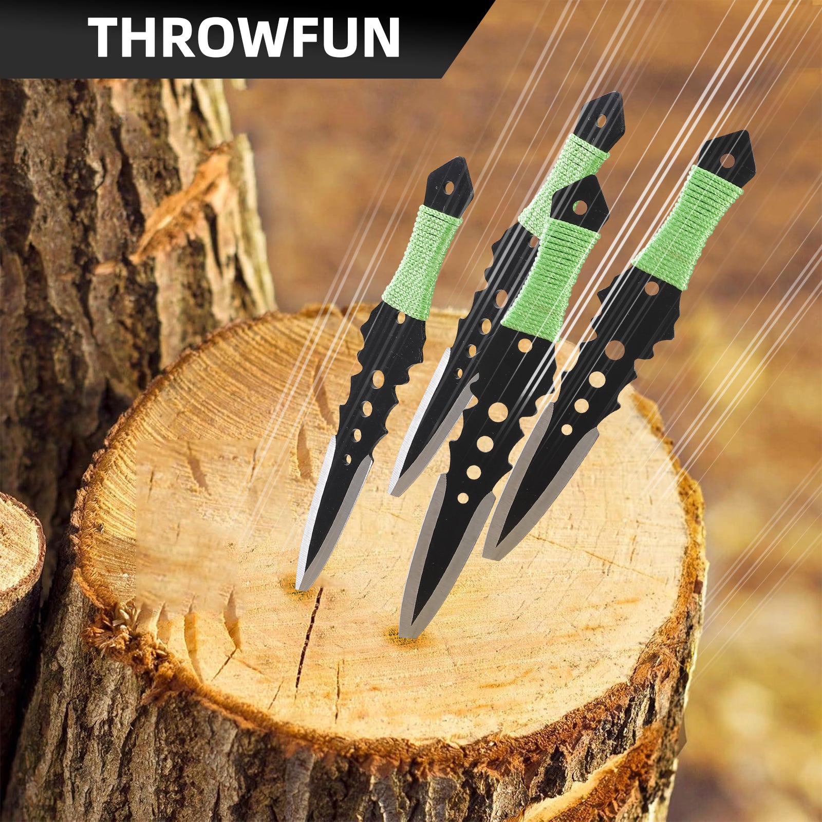 THROWFUN 6/12 Pack 9Cr17 stainless steel- 7.48''(length) 0.12''(thick) , throwing knives set  Full-Tang Throwing Set, with Nylon Sheath for Competition and Recreation Green Darts-FB-YF015