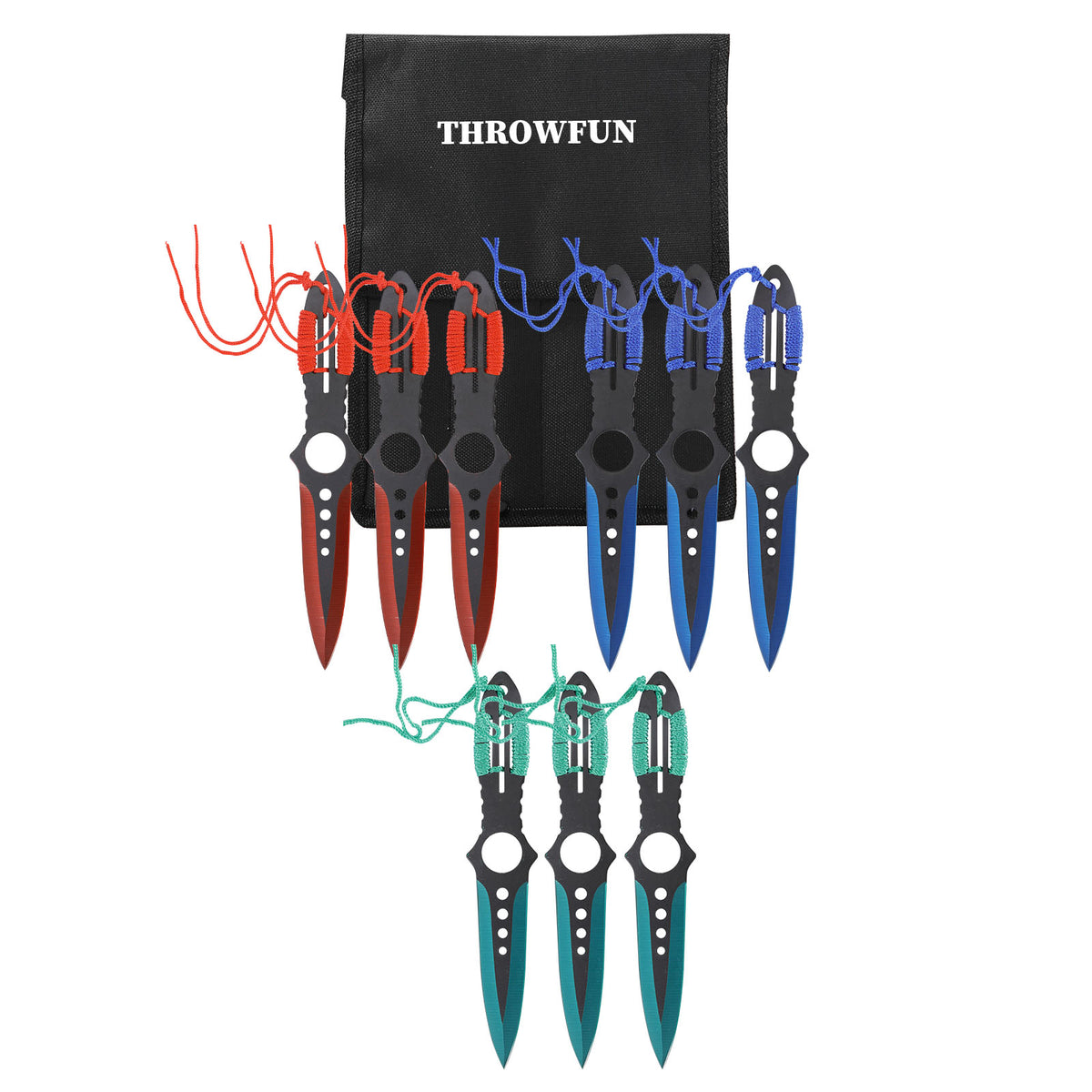 THROWFUN 9/18 Pack 9Cr17 stainless steel- 7.95''(length) 0.1''(thick) , throwing knives set  Full-Tang Throwing Set, with Nylon Sheath for Competition and Recreation Green/Red/Blue Darts-YF020