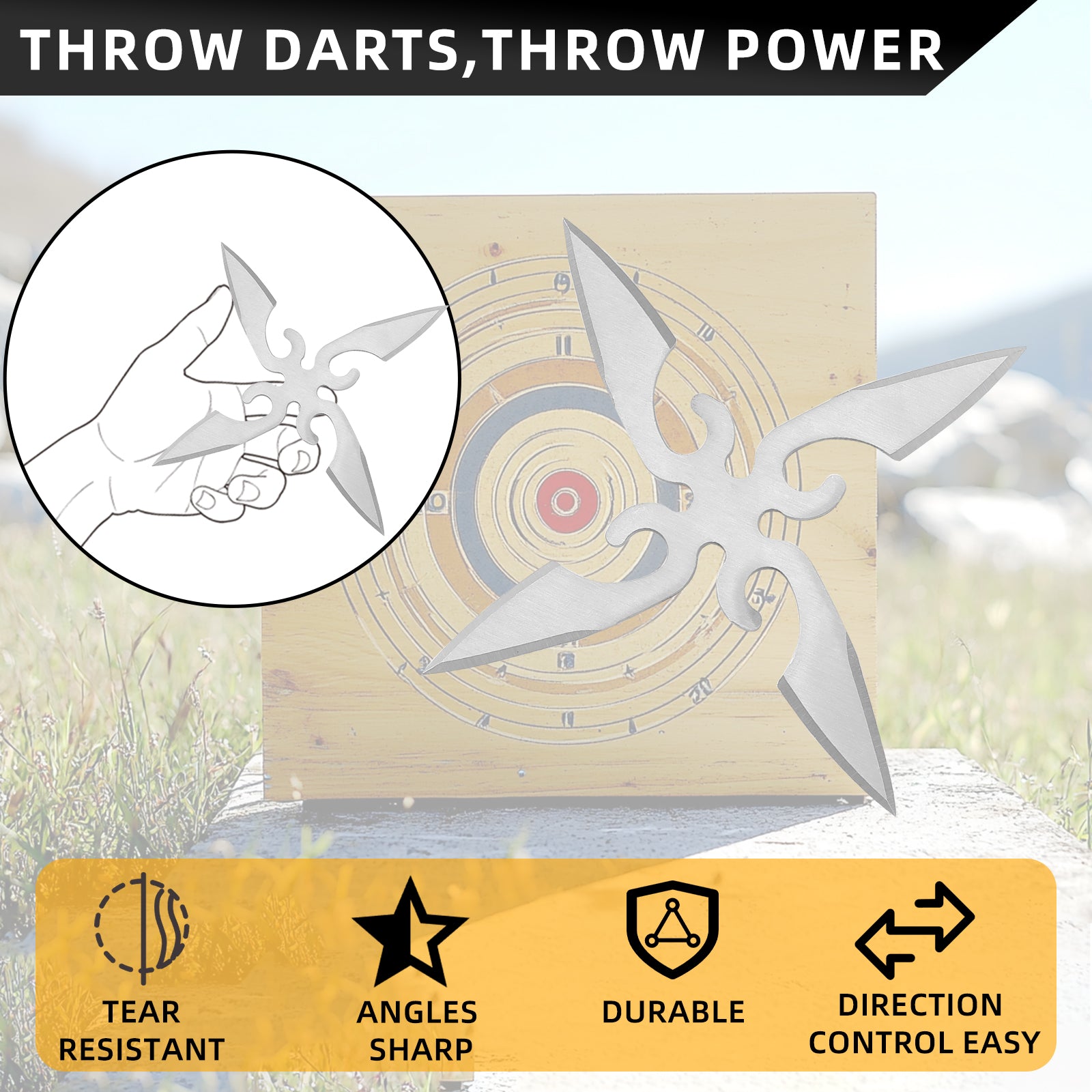 THROWFUN 6/15 Pack 9Cr17 stainless steel- 3.93''(length) 0.1''(thick) , throwing knives set  Full-Tang Throwing Set, with Nylon Sheath for Competition and Recreation Silvery Cross Hollow Darts-FB-YF203A